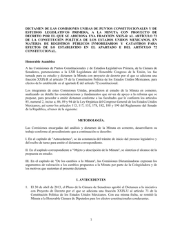 Dictamen De Las Comisiones Unidas De Puntos Constitucionales Y De Estudios Legislativos Primera, a La Minuta Con Proyecto De