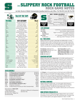 (11) SLIPPERY ROCK FOOTBALL ROCK GAME NOTES Jon Holtz, Director of Athletic Communication | Jonathan.Holtz@Sru.Edu | Office: 724.738.4925| Cell: 585.734.2185