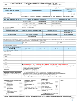 CONTEMPORARY EUROPEAN STUDIES – (120 Hrs) Effective Fall 2021 NAME PID Optional 2Nd Major Or Minor