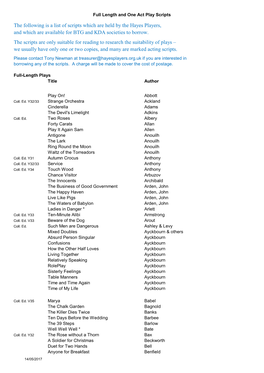 The Following Is a List of Scripts Which Are Held by the Hayes Players, and Which Are Available for BTG and KDA Societies to Borrow