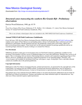 Structural Zones Transecting the Southern Rio Grande Rift - Preliminary Observations Patricia Wood Dickerson, 1980, Pp