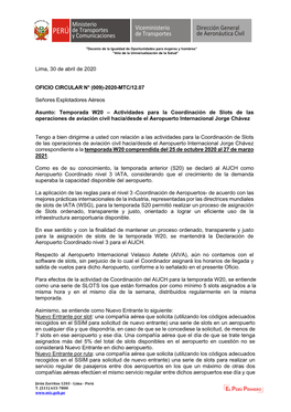 Lima, 30 De Abril De 2020 OFICIO CIRCULAR N° (009)