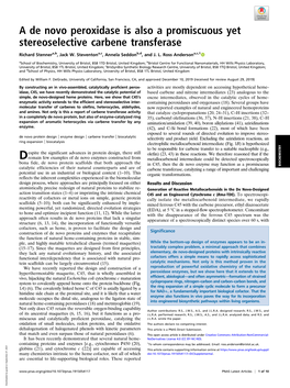 A De Novo Peroxidase Is Also a Promiscuous Yet Stereoselective Carbene Transferase