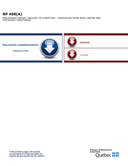 Preliminary Report, Geology of Rupert Bay - Missisicabi River Area, Abitibi and Mistassini Territories 