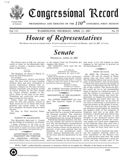 Congressional Record United States Th of America PROCEEDINGS and DEBATES of the 110 CONGRESS, FIRST SESSION