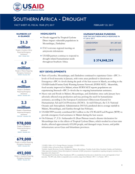 Southern Africa - Drought Fact Sheet #5, Fiscal Year (Fy) 2017 February 23, 2017