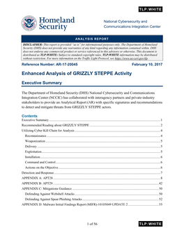 AR-17-20045 Enhanced Analysis of GRIZZLY STEPPE Activity