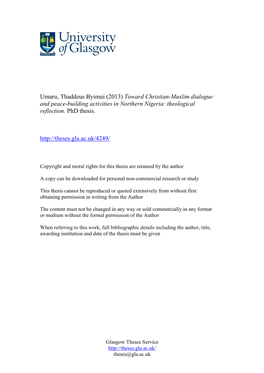 Umaru, Thaddeus Byimui (2013) Toward Christian-Muslim Dialogue and Peace-Building Activities in Northern Nigeria: Theological Reflection