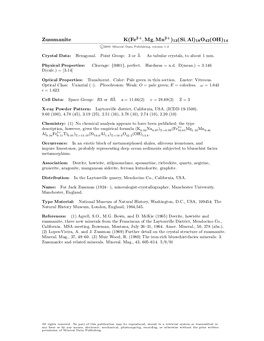 Zussmanite K(Fe ; Mg; Mn )13(Si; Al)18O42(OH)14 C 2001 Mineral Data Publishing, Version 1.2 ° Crystal Data: Hexagonal