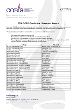 2018 COBIS Student Achievement Awards