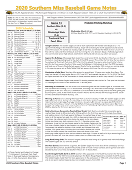 2020 Southern Miss Baseball Game Notes