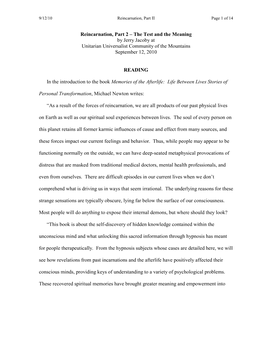 Reincarnation, Part 2 – the Test and the Meaning by Jerry Jacoby at Unitarian Universalist Community of the Mountains September 12, 2010