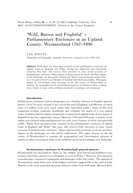 Parliamentary Enclosure in an Upland County: Westmorland 1767–1890