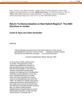 Democratization Or New Hybrid Regime?: the 2003 Elections in Jordan