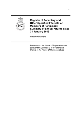 Register of Pecuniary and Other Specified Interests of Members of Parliament: Summary of Annual Returns As at 31 January 2013
