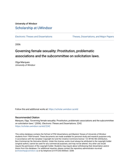 Governing Female Sexuality: Prostitution, Problematic Associations and the Subcommittee on Solicitation Laws