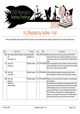 K-2 Booklist by Author - Full