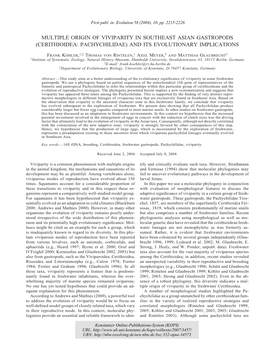 Multiple Origin of Viviparity in Southeast Asian Gastropods (Cerithioidea: Pachychilidae) and Its Evolutionary Implications