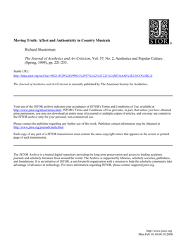 Moving Truth: Affect and Authenticity in Country Musicals Richard Shusterman the Journal of Aesthetics and Art Criticism, Vol. 57, No