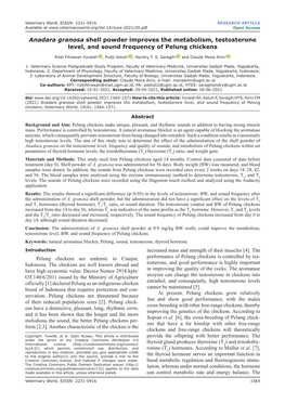 Anadara Granosa Shell Powder Improves the Metabolism, Testosterone Level, and Sound Frequency of Pelung Chickens