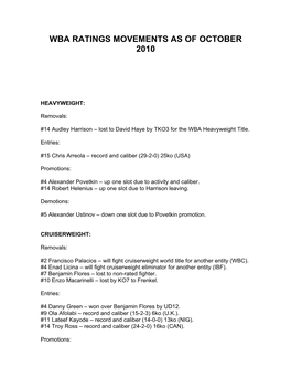 Wba Ratings Movements As of October 2010
