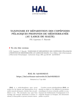 Taxinomie Et Répartition Des Copépodes Pélagiques Profonds De Méditerranée (Au Large De Malte) P.E