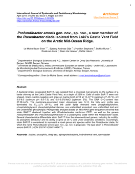 Profundibacter Amoris Gen. Nov., Sp. Nov., a New Member of the Roseobacter Clade Isolated from Loki’S Castle Vent Field on the Arctic Mid-Ocean Ridge