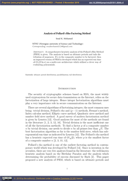 Analysis of Pollard's Rho Factoring Method Introduction the Security of Cryptographic Schemes Based on RSA, the Most Widely Used