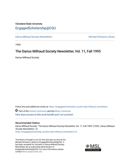 The Darius Milhaud Society Newsletter, Vol. 11, Fall 1995