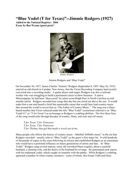 Blue Yodel (T for Texas)”--Jimmie Rodgers (1927) Added to the National Registry: 2004 Essay by Ben Wynne (Guest Post)*