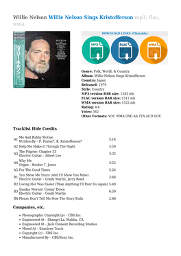 Willie Nelson Sings Kristofferson Mp3, Flac, Wma