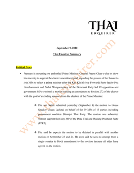 September 9, 2020 Thai Enquirer Summary Political News • Pressure