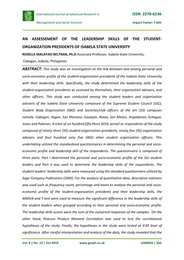 ORGANIZATION PRESIDENTS of ISABELA STATE UNIVERSITY ROSELLE MALAYAO BELTRAN, Ph.D Associate Professor, Isabela State University, Cabagan, Isabela, Philippines