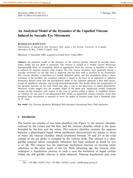 An Analytical Model of the Dynamics of the Liquefied Vitreous Induced By