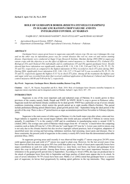 Role of Gurdaspur Borer (Bissetia Steniellus Hampson) in Sugarcane Ratoon Crop Failure and Its Integrated Control at Mardan