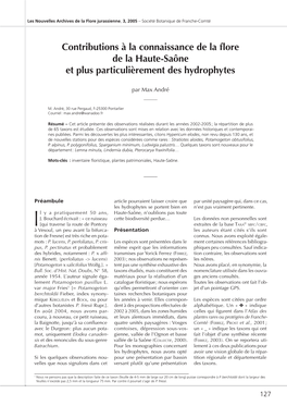 Contributions À La Connaissance De La Flore De La Haute-Saône Et Plus Particulièrement Des Hydrophytes