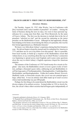 259 FRANCIS Asbury's FIRST CIRCUIT: Bedfordshire, 1767 Jonathan Rodell on Tuesday, August 18, 1767, John Wesley “Met in Conf