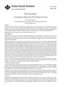 The Great Gatsby: a Contrastive Study of Its Two Chinese Versions