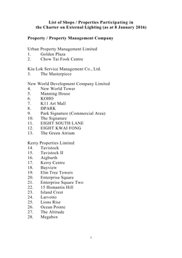 List of Shops / Properties Participating in the Charter on External Lighting (As at 8 January 2016)