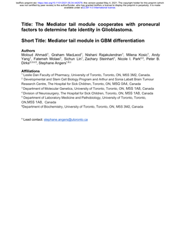 The Mediator Tail Module Cooperates with Proneural Factors to Determine Fate Identity in Glioblastoma