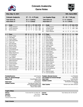 Colorado Avalanche Game Notes