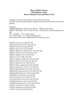 Denver Public Library 2010 Obituary Index Rocky Mountain News and Denver Post