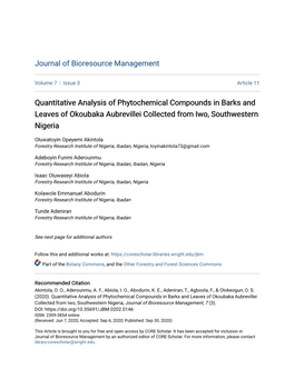 Quantitative Analysis of Phytochemical Compounds in Barks and Leaves of Okoubaka Aubrevillei Collected from Iwo, Southwestern Nigeria