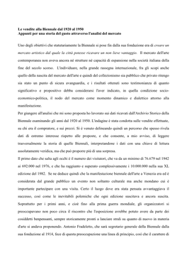 Le Vendite Alla Biennale Dal 1920 Al 1950 Appunti Per Una Storia Del Gusto Attraverso L'analisi Del Mercato