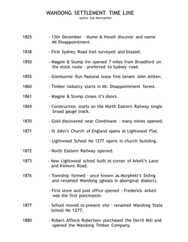 WANDONG SETTLEMENT TIME LINE – Author Sue Marstaeller