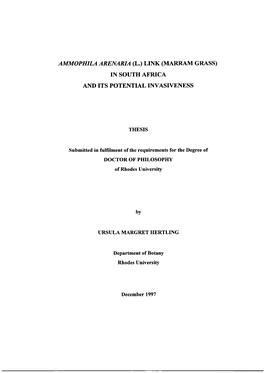 Ammophila Arenaria (L.) Link (Marram Grass) in South Africa and Its Potential Invasiveness