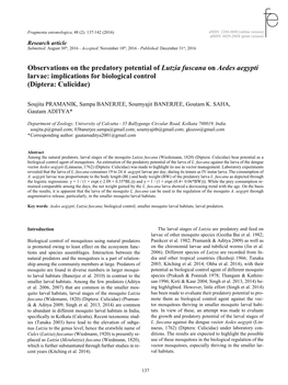 Observations on the Predatory Potential of Lutzia Fuscana on Aedes Aegypti Larvae: Implications for Biological Control (Diptera: Culicidae)