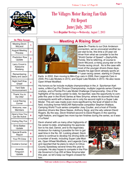 The Villages Motor Racing Fan Club Pit Report June/July, 2013 Next Regular Meeting—Wednesday, August 7, 2013