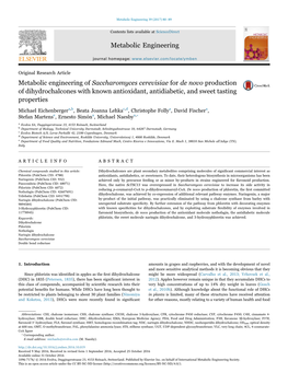 Metabolic Engineering of Saccharomyces Cerevisiae for De Novo Production MARK of Dihydrochalcones with Known Antioxidant, Antidiabetic, and Sweet Tasting Properties