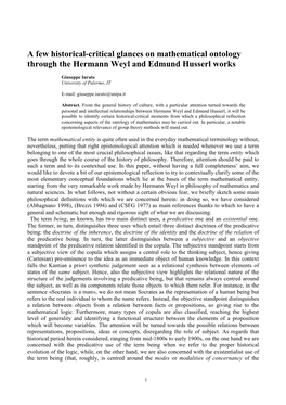 A Few Historical-Critical Glances on Mathematical Ontology Through the Hermann Weyl and Edmund Husserl Works